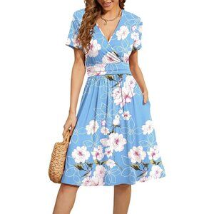 Women Light Blue Short Sleeve V-Neck Floral Stretchy Party Dress with Pockets